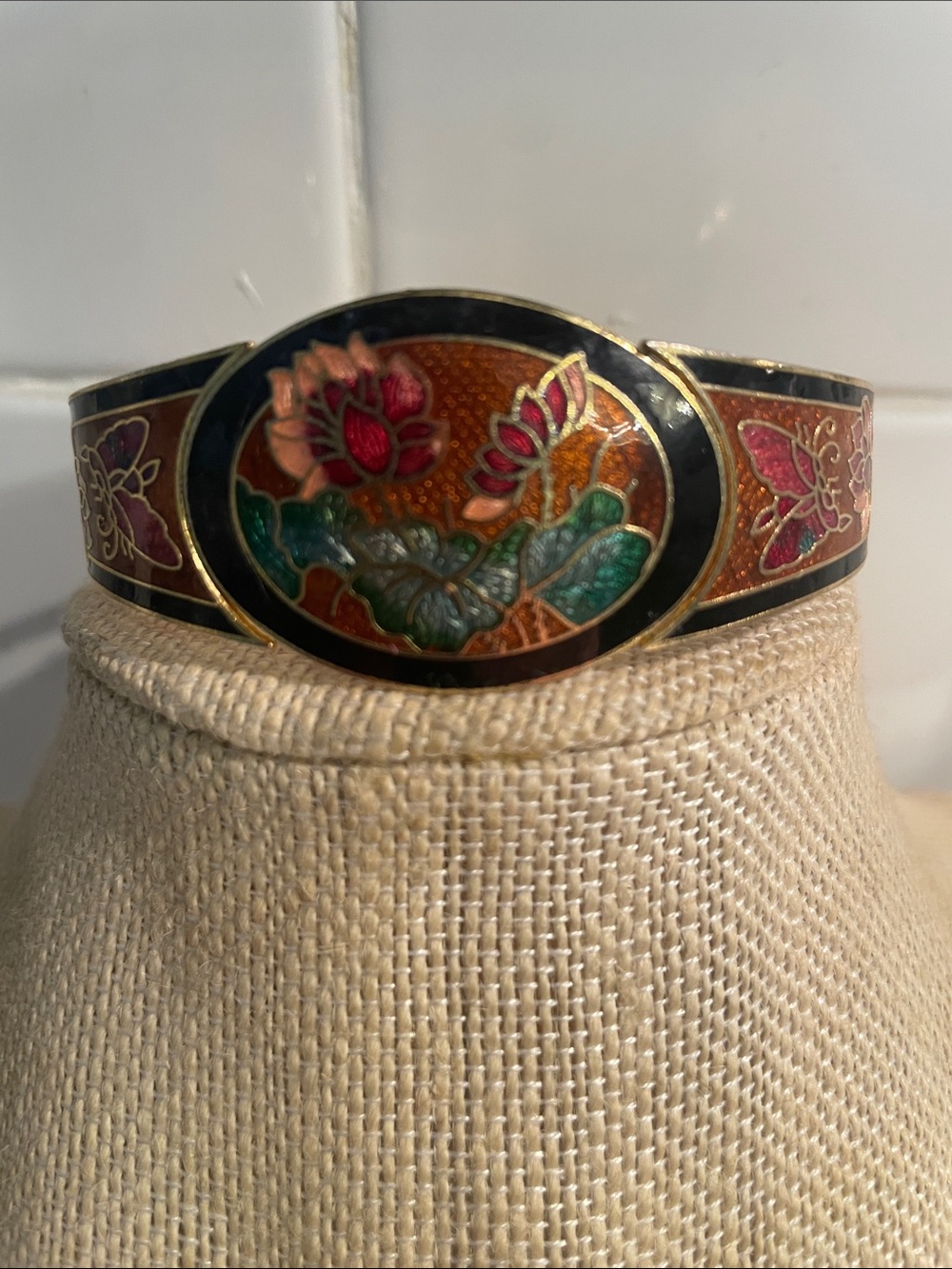 Vintage Cloisonné Enamel Floral Cuff Bracelet